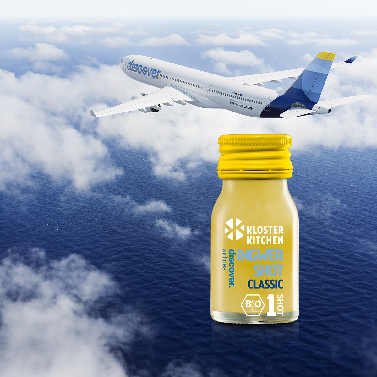 Co-Branding auf Ingwer Shot Flasche 30 ml: Kloster Kitchen und Discover Airlines
